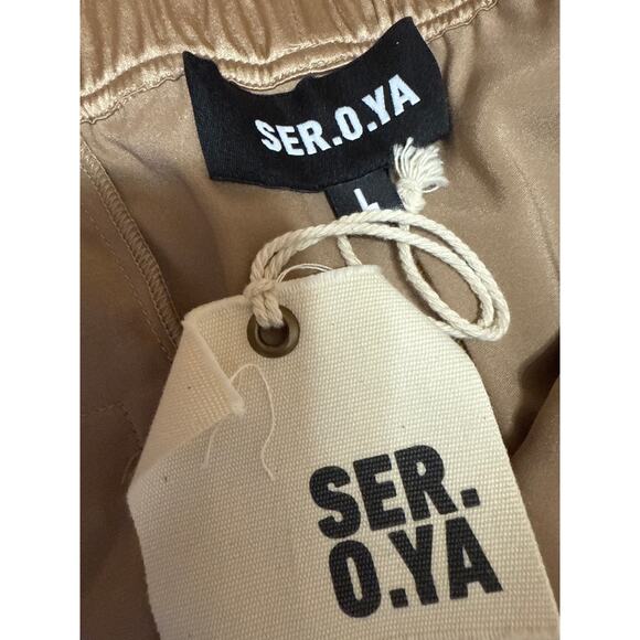 NEW SER.O.YA Tan Beige Silk Satin High Waisted Wide Leg Trousers Pants Size L - Picture 5 of 6